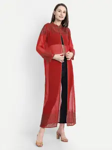 HAUTEMODA Self Design Beaded Embellished Mandarin Collar Shrug