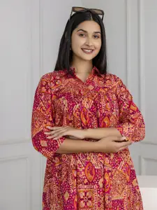 Nayo Women Printed Shirt Collar Fit & Flare Midi Dress