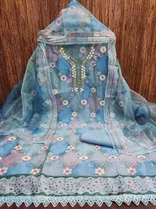 Ishin Floral Printed Sequinned Organza Unstitched Dress Material