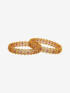 Kushal's Fashion Jewellery Set Of 2 Gold Plated Ruby Studded Bangles