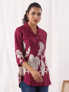 JISORA Women Floral Printed Shirt Collar Pure Silk Top
