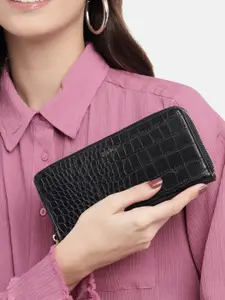 MANGO Women Croc Textured Zip Around Wallet