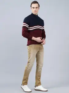 Cantabil Men Striped Mock Collar Zip Detail Pullover