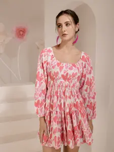 TANDUL Floral Print Puff Sleeve Crepe Fit & Flare Dress