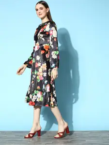 SASSAFRAS Women  Black Floral Fluid Tie-Up Dress