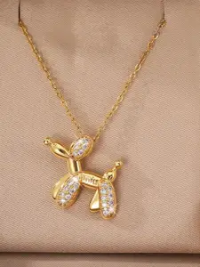 MYKI Stainless Steel Gold-Plated Stone Studded Quirky Pendant With Chain