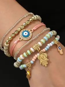 DressBerry Set Of 6 Gold-Plated Crystals Studded & Beaded Charm Bracelet