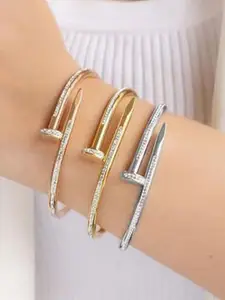 DressBerry Set Of 3 Stainless Steel Gold-Plated Stones Studded Cuff Bracelets