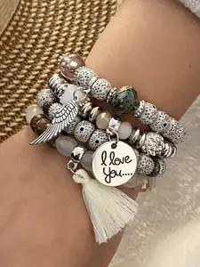 DressBerry Set Of 4 Silver-Plated Crystals Studded & Beaded Elasticated Bracelet