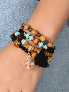 DressBerrySet Of 4 Gold-Plated Crystals Studded & Beaded Tribal Elasticated Bracelet