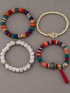 DressBerry Set Of 4 Gold-Plated Artificial Stones Studdded & Beaded Elasticated Bracelet