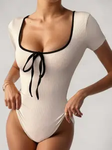 StyleCast Women Short Sleeves Square Neck With Knotted Bow Bodysuit