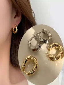 KRENOZ Set Of 2 Rhodium-Plated Contemporary Shaped Sculpted Hoop Earrings