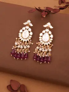 Anouk Rose Gold-Plated Kundan Studded & Pearls Beaded Teardrop Shaped Drop Earrings