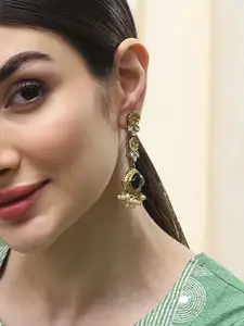 Biba Gold-Plated Contemporary Artificial Stones Studded and Beaded Drop Earrings
