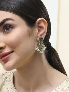 Biba Gold-Plated Artificial Stones Studded & Beaded Floral Shaped Drop Earrings