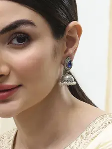 Biba Brass-Plated Dome Shaped Artificial Stones Studded and Beaded Oxidised Jhumkas