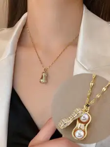 DIVASTRI Gold-Plated Stainless Steel Diamond Shaped Pearls & AD Studded Pendant with Chain