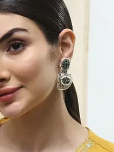 Biba Silver-Plated Artificial Stones Studded & Beaded Paisley Shaped Drop Earrings