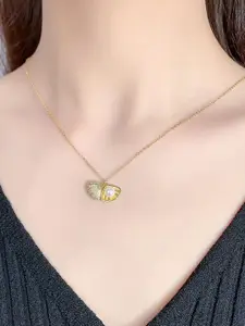 DressBerry Stainless Steel Gold-Plated CZ Studded & Beaded Quirky Pendant With Chain