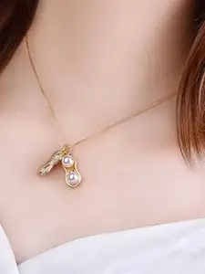 DressBerry Stainless Steel Gold-Plated CZ Studded & Pearls Beaded Quirky Pendant & Chain