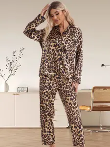 DressBerry Women Animal Printed Lapel Collar Shirt & Pyjamas Night suit