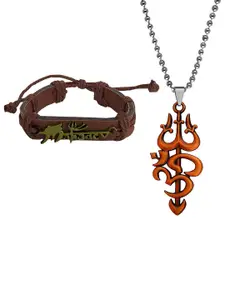 M Men Style Stainless Steel Gold Plated Religious Mahadev Leather Bracelet And Pendant