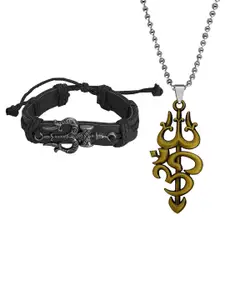 M Men Style Stainless Steel Gold-Plated Mahadev Pendants With Bracelet