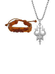 M Men Style Stainless Steel Silver Plated Religious Mahadev Leather Bracelet And Pendant