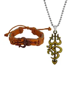 M Men Style Gold-Plated Contemporary Pendants With Leather Bracelet