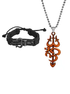 M Men Style Gold-Plated Contemporary Pendants With Leather Bracelet