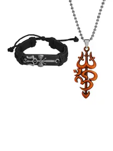 M Men Style Gold-Plated Contemporary Pendants With Leather Bracelet