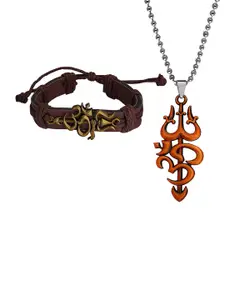 M Men Style Gold-Plated Contemporary Pendants With Leather Bracelet