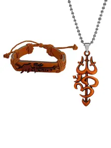 M Men Style Stainless Steel Gold Plated Religious Mahadev Leather Bracelet And Pendant