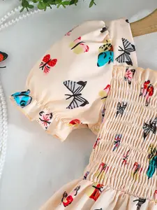 INCLUD Women Printed Square Neck Smocked Puff Sleeve Fit & Flare Dress