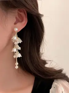 Celestique Pearls Beaded Floral Shaped Korean Drop Earrings