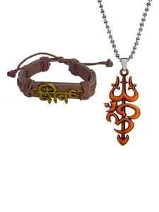 M Men Style Gold-Plated Contemporary Religious Mahadev Leather Bracelet And Pendant Shiv
