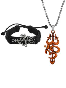 M Men Style Gold-Plated Contemporary Pendants With Leather Bracelet