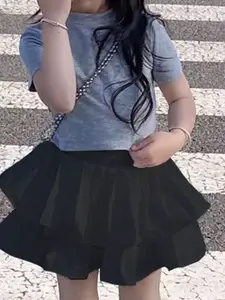 Xsole Girls Solid Short Sleeves Top With Skirt