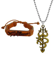 M Men Style Stainless Steel Gold Plated Religious Mahadev Leather Bracelet And Pendant