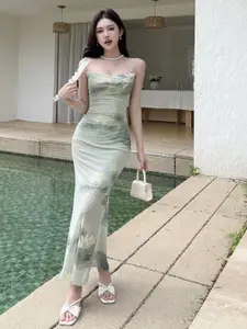 DressBerry Abstract Printed Shoulder Straps Bodycon Maxi Dress