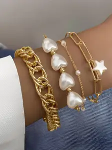 KARISHMA KREATIONS Set of 4 Gold-Plated Pearls Beaded Link & Wraparound Bracelets