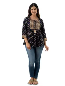 DMP FASHION Ethnic Motifs Printed Tie-Up Neck A Line Kurti