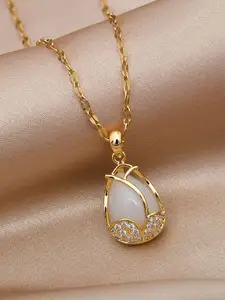 MYKI Gold-Plated Stainless Steel Artificial Stones Studded Rose Shaped Pendant With Chain