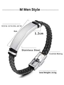 M Men Style Silver-Plated Stainless Steel Seeta Ram Braided Leather Wraparound Bracelet