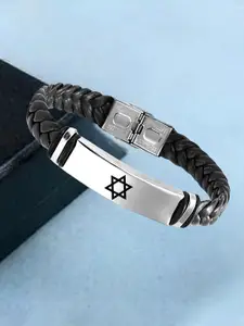 M Men Style Men Silver-Plated Devid Star Leather Weave Cuff Bracelet