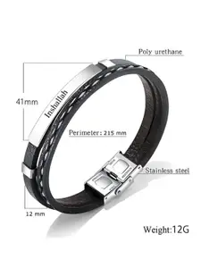 M Men Style Silver-Plated Stainless Steel Inshallah Leather Wraparound Bracelet
