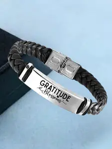 M Men Style Men Silver-Plated Gratitude Blossoms Leather Weave Cuff Bracelet