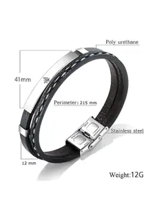 M Men Style Silver-Plated Stainless Steel Leather Wraparound Bracelet