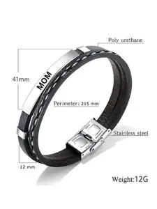 M Men Style Men Silver-Plated I love Mom Leather Wraparound Bracelet